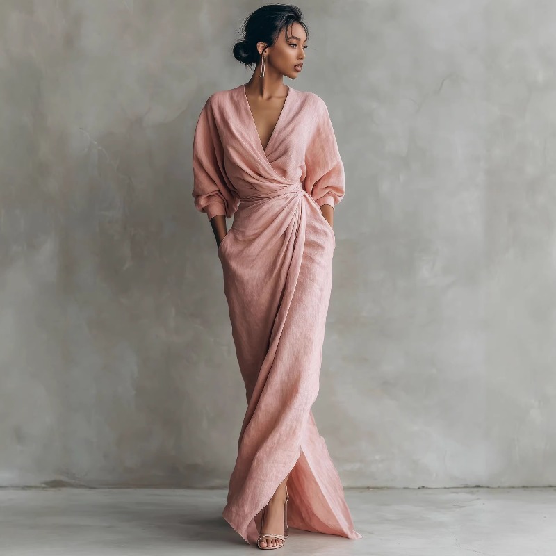 Linen Dress Wrap - Women's Pink Linen Wrap Maxi Dress