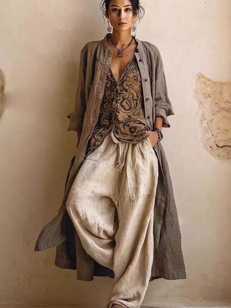 Vintage Print V Neck Sleeveles - مراجعة Linen Pant Wide وسعره
