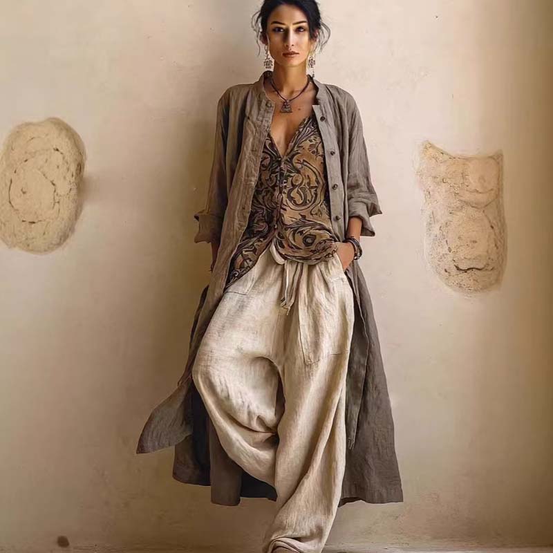 Vintage Print V Neck Sleeveles - مراجعة Linen Pant Wide وسعره
