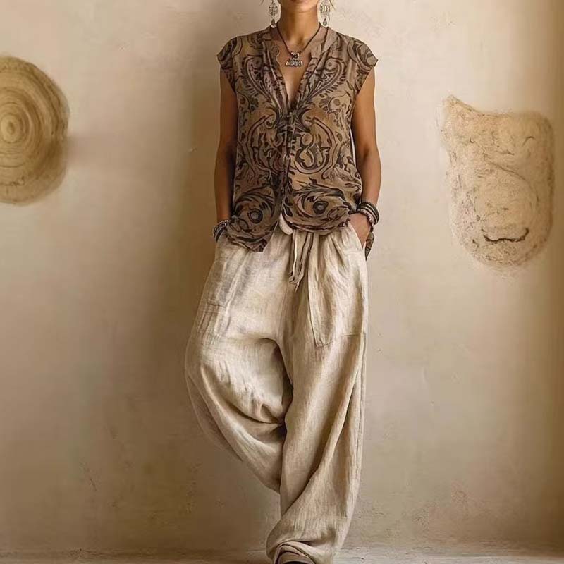 Vintage Print V Neck Sleeveles - مراجعة Linen Pant Wide وسعره