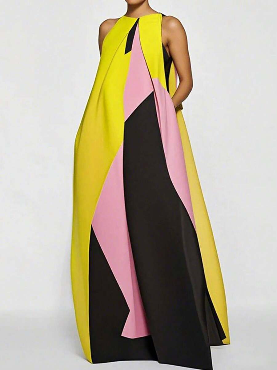 Women Color Block Maxi Dress H - مراجعة Maxi Dress Halter وسعره