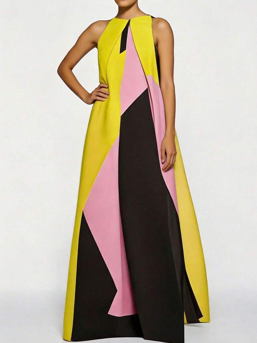 Women Color Block Maxi Dress H - مراجعة Maxi Dress Halter وسعره