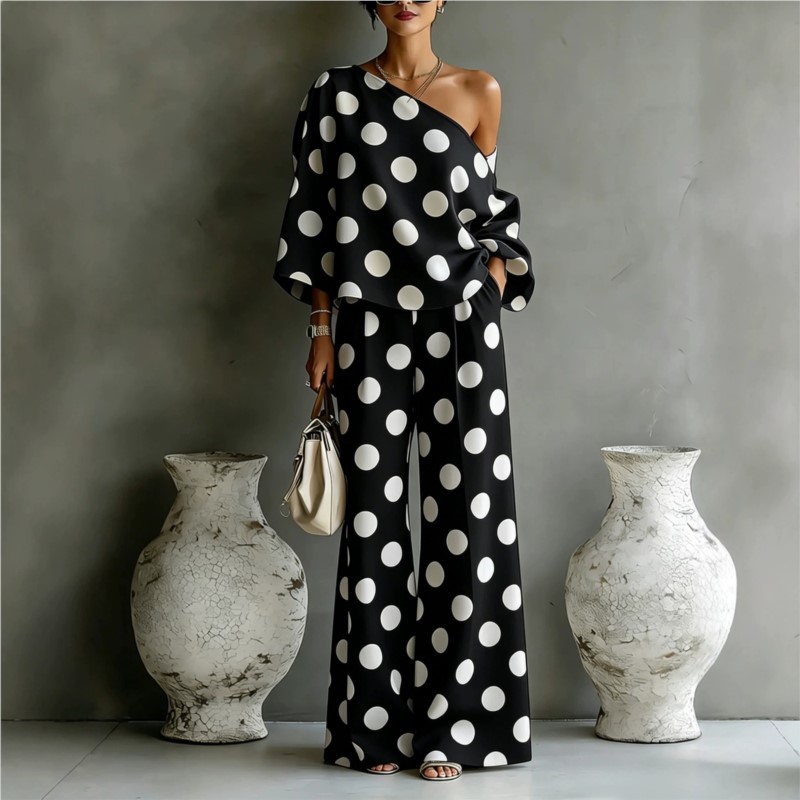 Women's Polka Dot 2 Piece Outf - مراجعة Blouse Off Shoulder وسعره