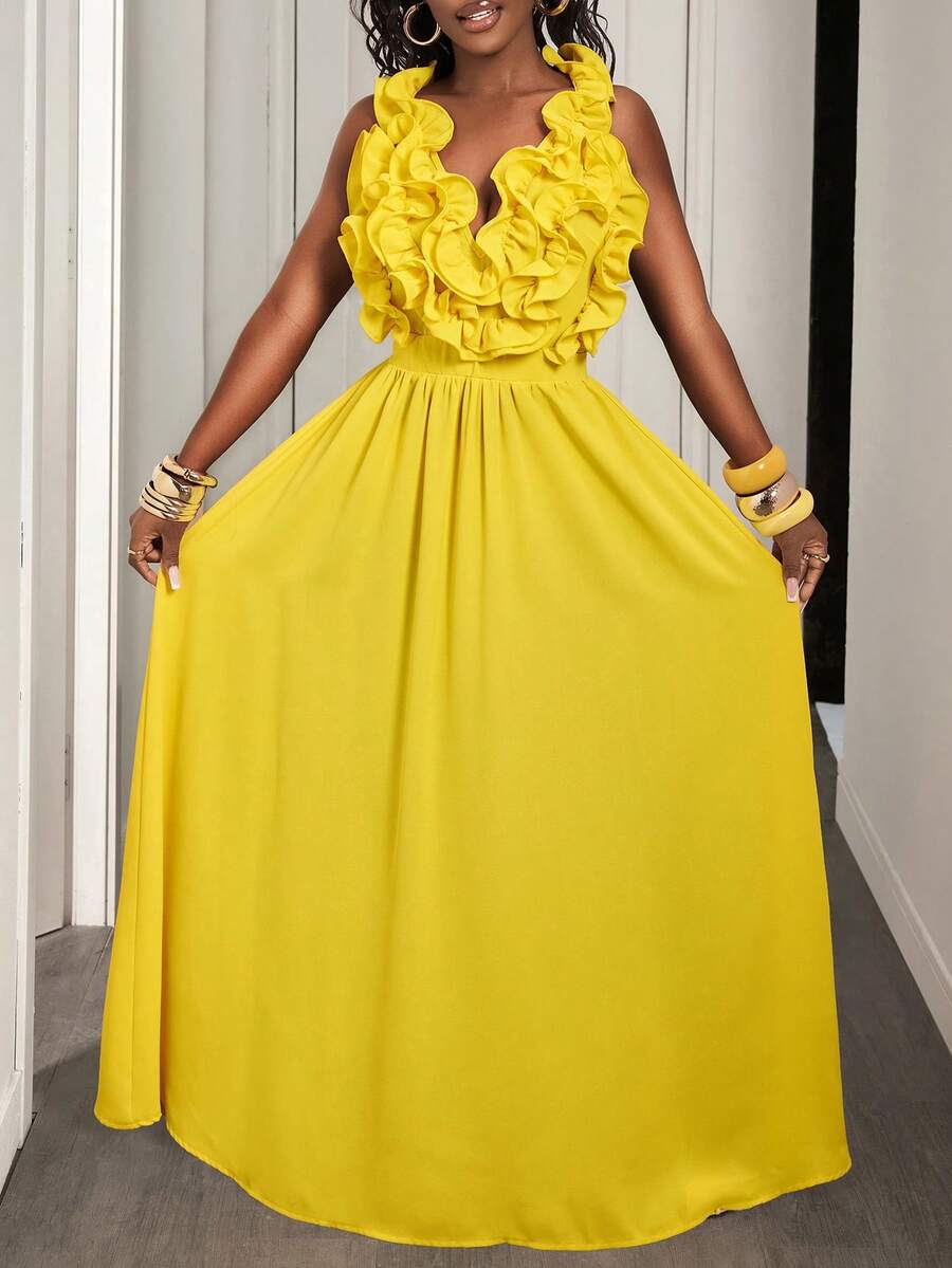 Yellow Deep V-Neck Ruffle Halt - مراجعة Maxi Dress Halter وسعره