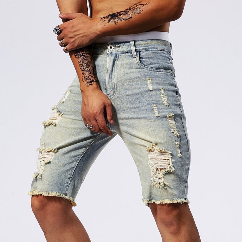 Men's Denim Shorts Blue Slim F - مراجعة Shorts Denim Frayed وسعره