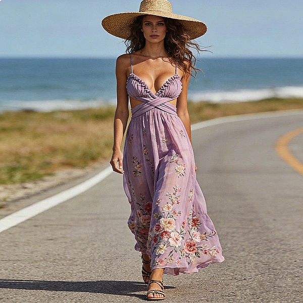 Women's Chiffon Floral Print L - مراجعة Maxi Dress Halter وسعره