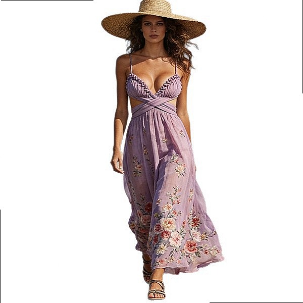 Women's Chiffon Floral Print L - مراجعة Maxi Dress Halter وسعره
